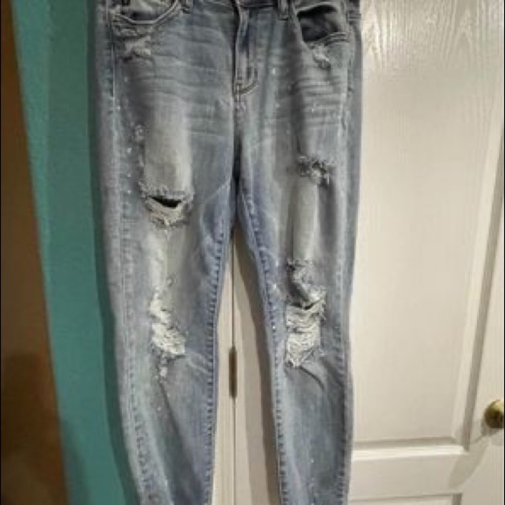 Judy Blue Mid Rise Destroyed Hem Beach Splash Boyfriend Jeans